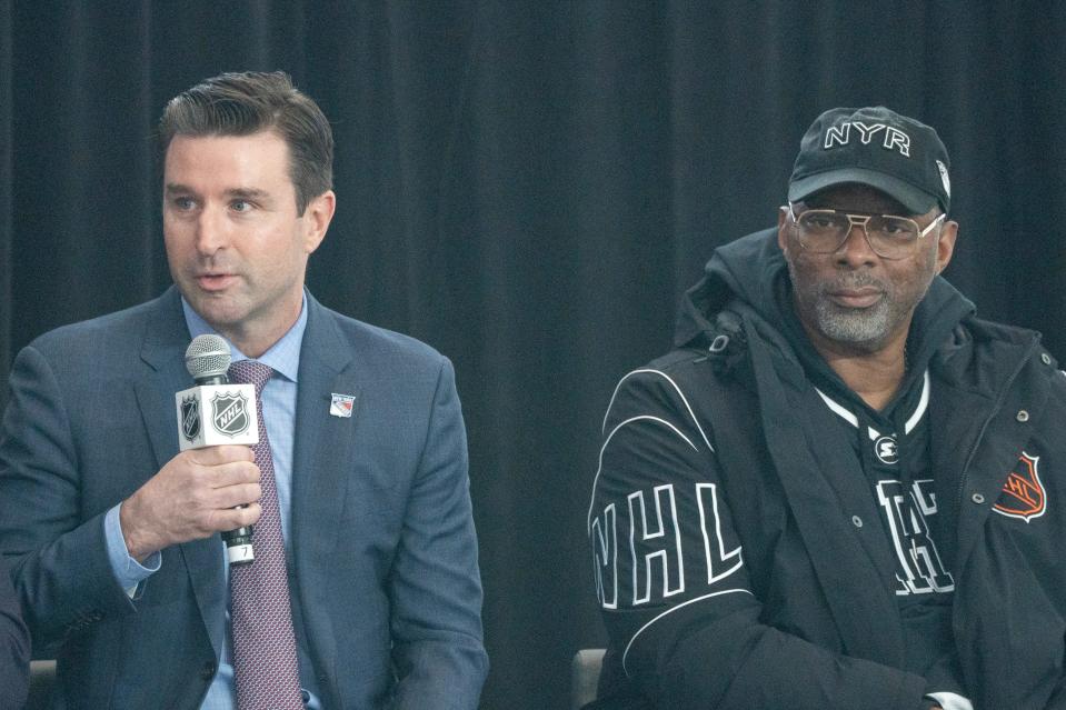 From left, NY Rangers President & General Manager Chris Drury and NY Giants Legend and Radio Commentator Carl Banks at the press conference. The NHL announces a series of game to be played outdoors at MetLife Stadium in February involving the Devils, Rangers, Islanders and Flyers at a press conference in East Rutehrford, NJ on Wednesday Nov. 1, 2023.