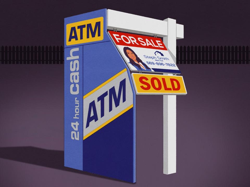 A real estate "for sale" sign that make up one side of an atm