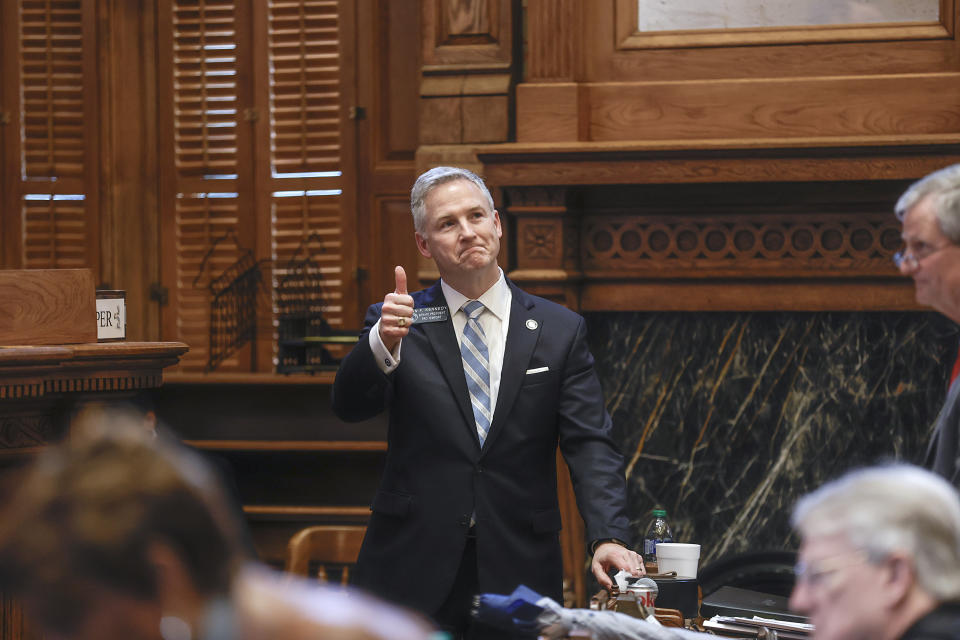 State Sen. John F. Kennedy, R-Macon, gives a thumbs up after an antisemitism bill passes in the Senate during a legislative session, Thursday, Jan. 25, 2024, in Atlanta. The Georgia Senate passed a bill on Thursday to define antisemitism in state law, putting the measure on track for final passage, with Republicans uniting in support of Israel's war on Hamas and some Democrats splitting over fears of suppressing support for Palestinians. (Natrice Miller/Atlanta Journal-Constitution via AP)