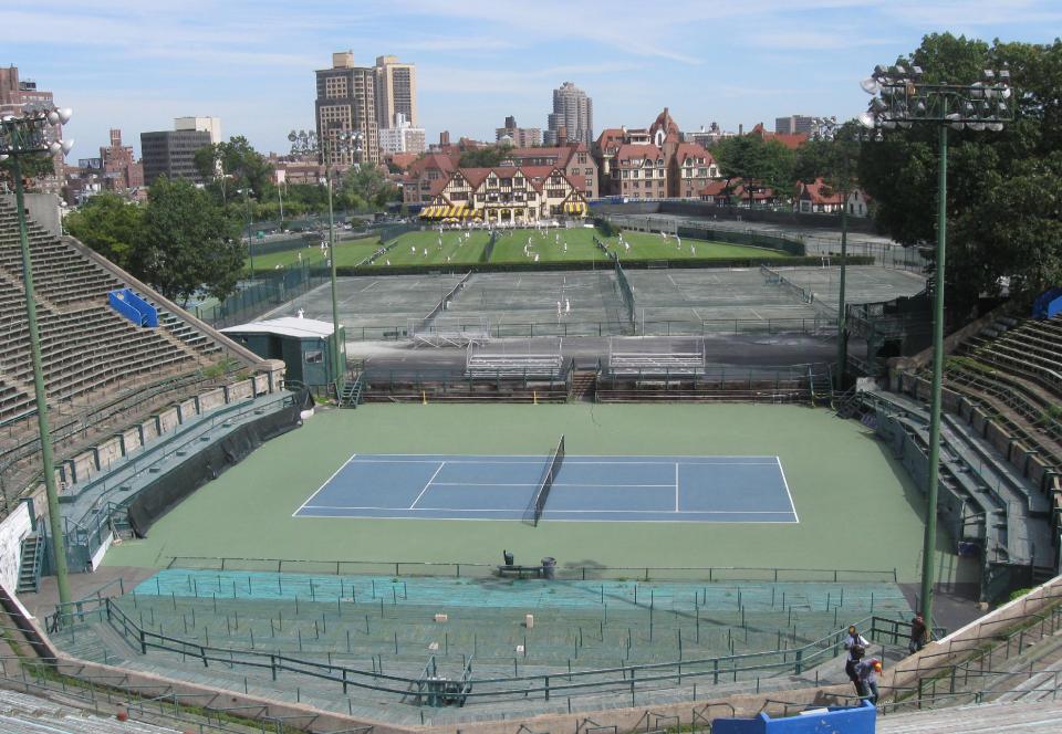 This Sept. 1, 2011 photo provided by the West Side Tennis Club show's the club's stadium and grounds in the Forest Hills neighborhood of the Queens borough of New York. The stadium that was one of the cathedrals of tennis and hosted U.S. Open tennis for six decades, as well music greats, is planning to revive the sound of music at the 16,000-seat venue and perhaps, one day, bring back big-time professional tennis. (AP Photo/West Side Tennis Club)