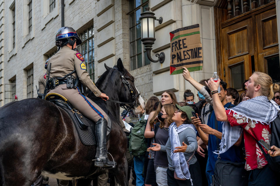 Mounted police work to contain demonstrators protesting the war in Gaza at the University of Texas at Austin on April 24, 2024 in Austin, Texas. 