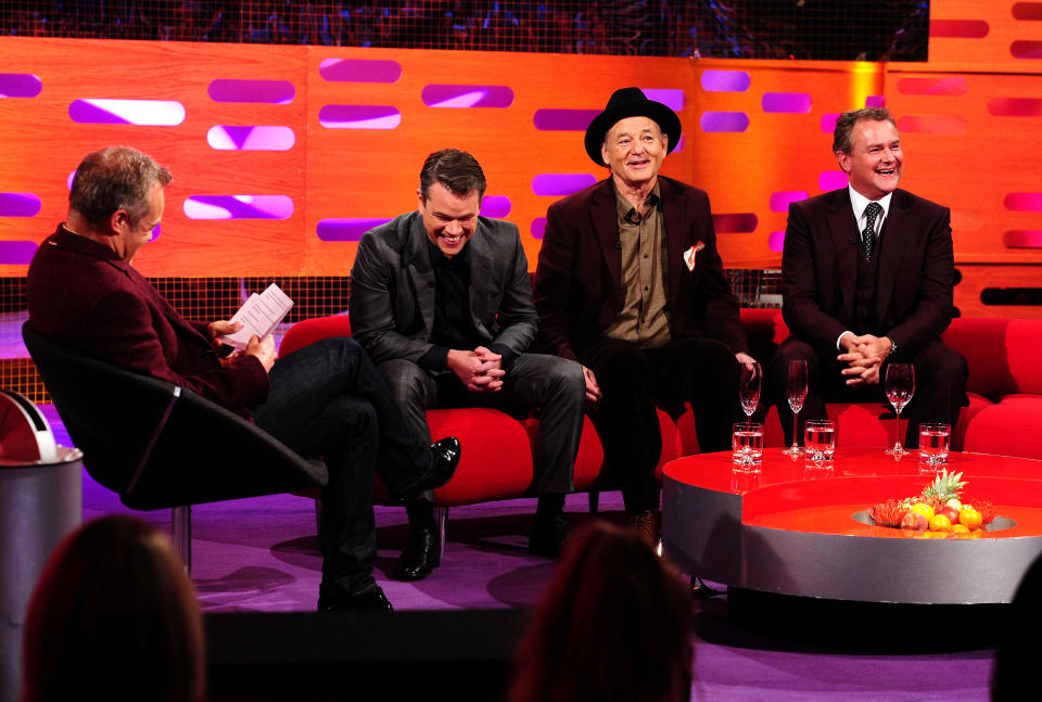 (Left - right) Host Graham Norton, Matt Damon, Bill Murray and Hugh Bonneville during filming of the Graham Norton Show, at the London Studios, in central London, to be aired on BBC One on Friday.   (Photo by Ian West/PA Images via Getty Images)