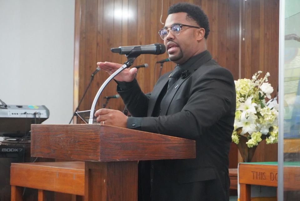 Pastor Christopher Whitehead speaks during a service Sunday celebrating his 2nd anniversary as pastor of Mount Olive Primitive Baptist Church in Gainesville.
(Credit: Photo provided by Voleer Thomas)