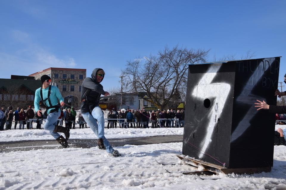 During the races March 4, 2023, the "Thunder Box" team's outhouse slid off the track more than once. The team was made up of Mason Dewyre, 17; Ryan Huffman, 17; Dylan Layman, 18; Sam Mayer, 17; and Evan Perreault, 18.