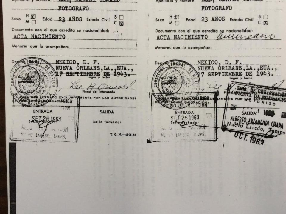 <div class="inline-image__caption"><p>Lee Harvey Oswald’s Mexico visa from 1963, with entry and exit stamps.</p></div> <div class="inline-image__credit">Mexican Secretary of the Interior</div>