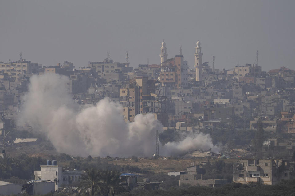 Smoke rises following an Israeli bombardment in the Gaza Strip, as seen from southern Israel, Thursday, Jan.18, 2024. The army is battling Palestinian militants across Gaza in the war ignited by Hamas' Oct. 7 attack on Israel. (Ohad Zwigenberg / AP)