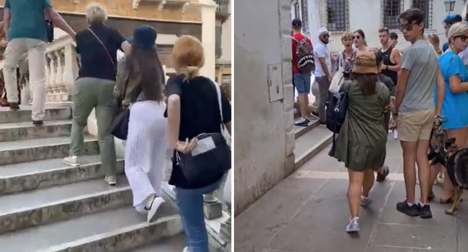 Two photos of suspected pickpockets caught in the act, as well as running away from Monica Poli, who has gone viral for calling out pickpockets in Venice, as part of an amateur group called Cittadini Non Distratti. 