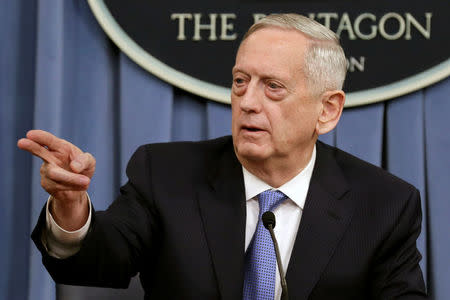 U.S. Defense Secretary James Mattis gestures to the media at the Pentagon in Washington, U.S., April 11, 2017. REUTERS/Yuri Gripas