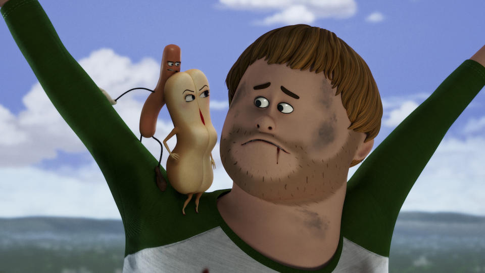 A hot dog and a bun sit on a man's shoulder in 'Sausage Party: Foodtopia' on Amazon Prime Video