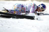 Lindsey Vonn of US reacts in the finish area of the giant slalom on March 18, 2012 during the women's Alpine skiing World Cup Slalom finals in Schladming. AFP PHOTO / SAMUEL KUBANI