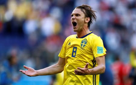 Soccer Football - World Cup - Round of 16 - Sweden vs Switzerland - Saint Petersburg Stadium, Saint Petersburg, Russia - July 3, 2018 Sweden's Albin Ekdal celebrates victory after the match REUTERS/Damir Sagolj