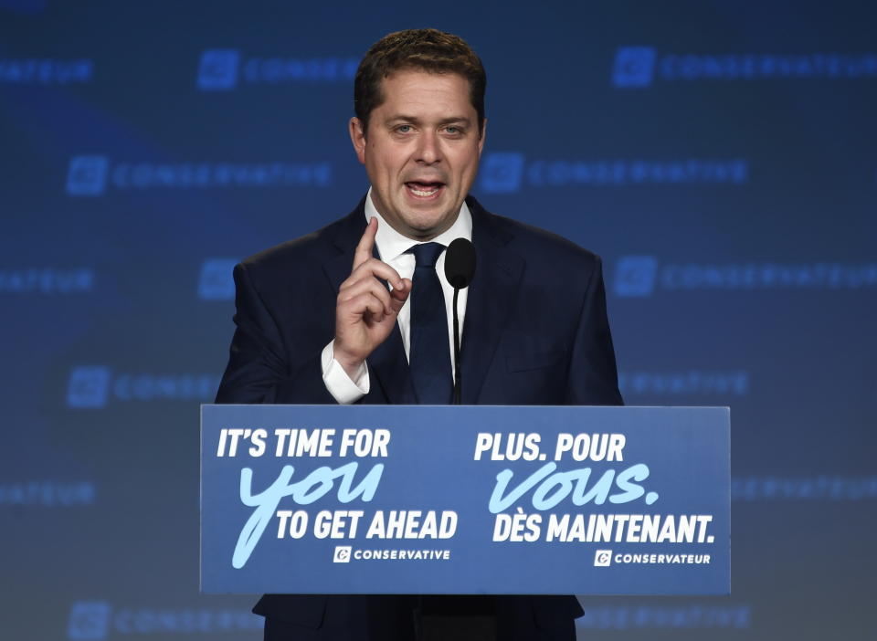 Conservative leader Andrew Scheer speaks at Conservative election headquarters in Regina, Saskatchewan, on Monday, Oct. 21, 2019. (Jeff McIntosh/The Canadian Press via AP)