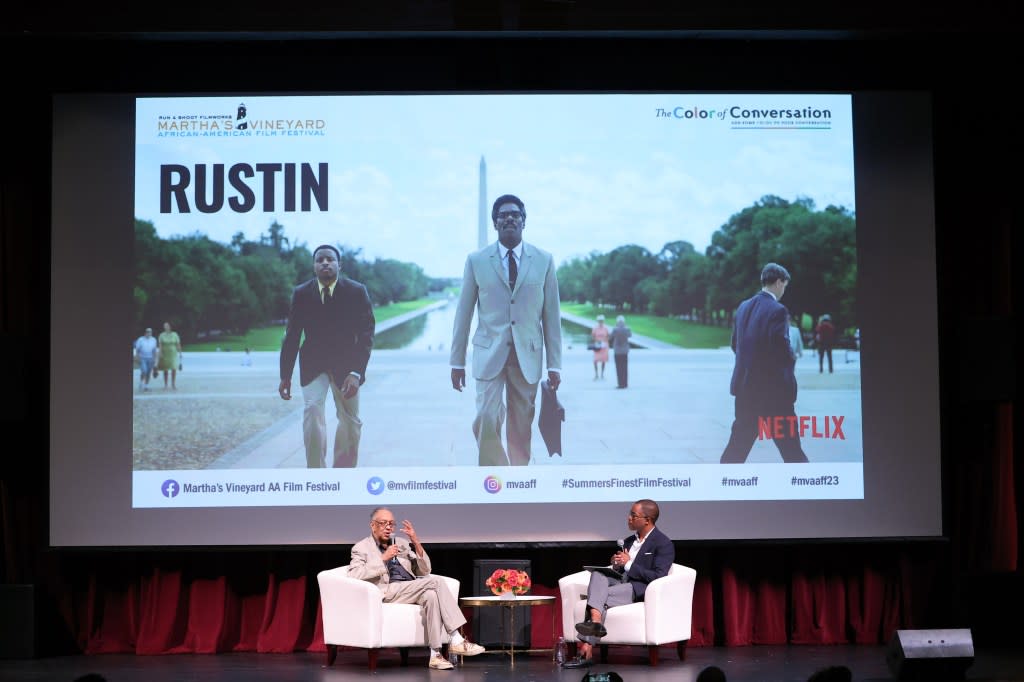 MARTHA'S VINEYARD, MASSACHUSETTS - AUGUST 07: George C. Wolfe and Jonathan Capehart speak onstage at NETFLIX screening of “Rustin” on August 07, 2023 in Martha's Vineyard, Massachusetts. (Photo by Arturo Holmes/Getty Images for MVAAFF)