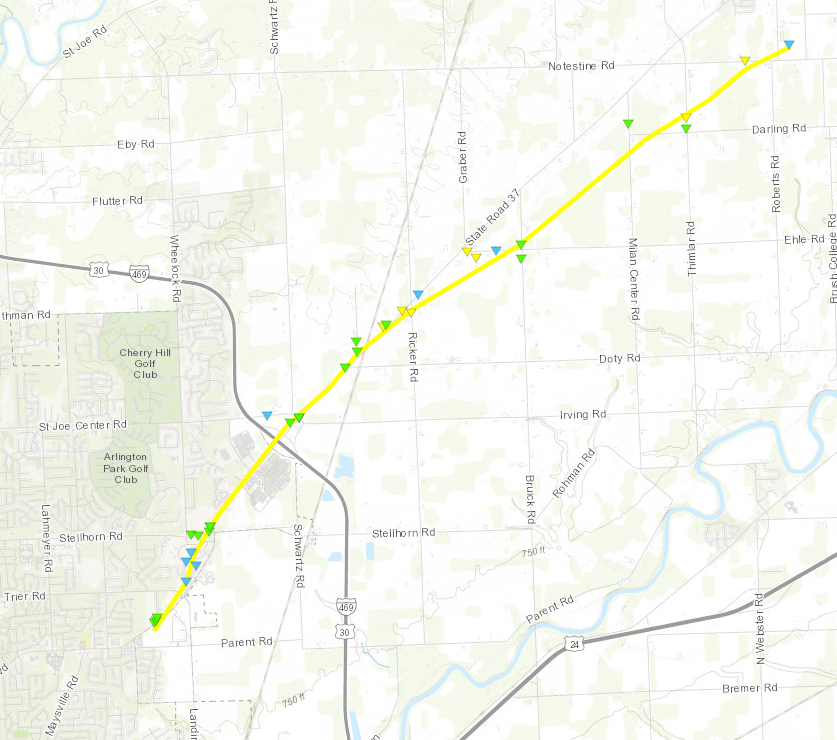 The path of a confirmed tornado during March 31, 2023 storms near New Haven in Allen County.