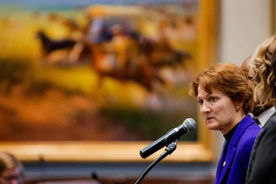 Senate Minority Leader Kay Floyd speaks at the state Capitol in Oklahoma City on Feb. 3, 2020. Floyd, D-Oklahoma City, was a member of the board governing Justice Alma Wilson Seeworth Academy, a charter school now accused of potential fraud.