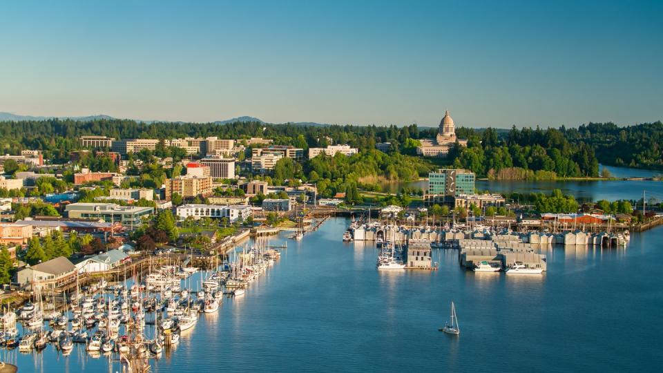 drone shot of olympia, washington at sunset