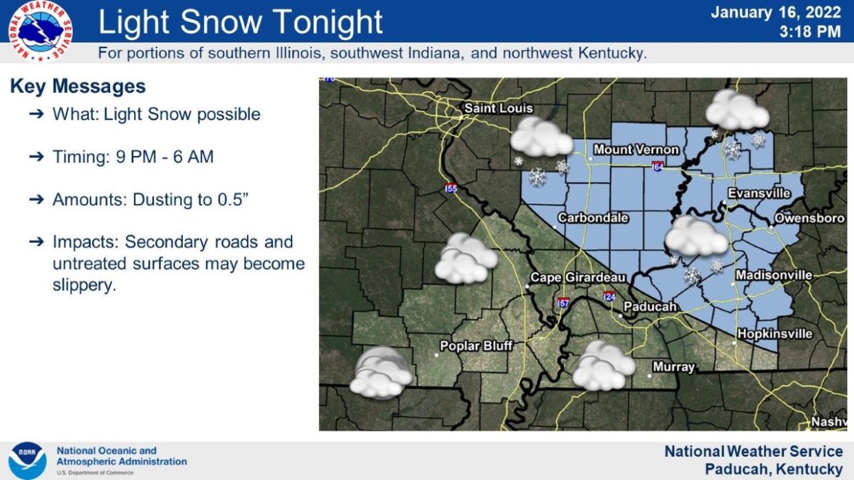 Light snow possible tonight over the Tri-State, according to NWS Paducah