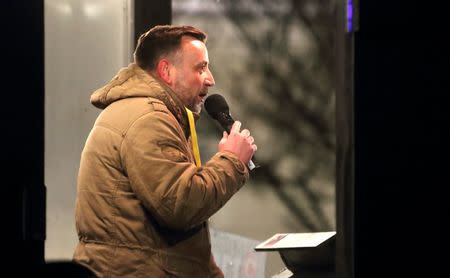 Lutz Bachmann, leader of the anti-Islam movement Patriotic Europeans Against the Islamisation of the West (PEGIDA), speaks during a rally in Leipzig, Germany January 11, 2016. REUTERS/Fabrizio Bensch -