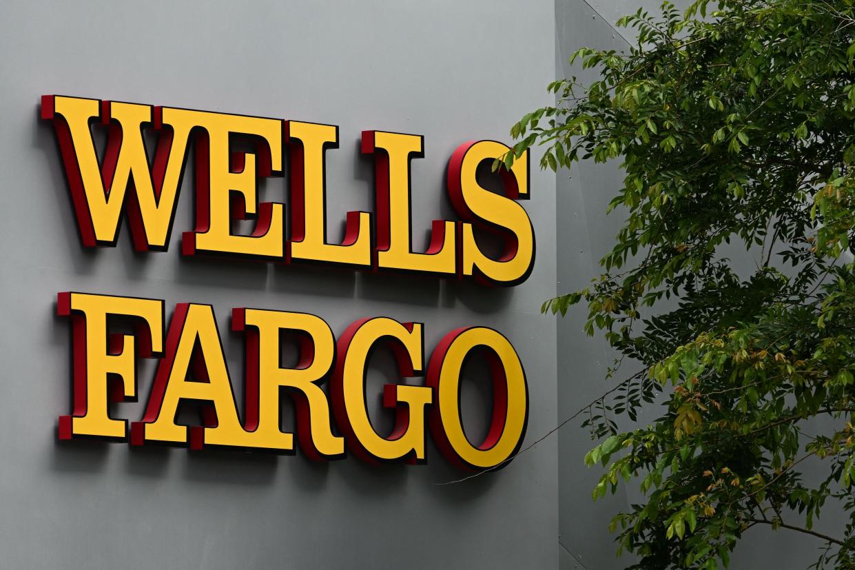 Wells Fargo & Co. bank signage is displayed outside of bank branch in Beverly Hills, California on May 4, 2023.