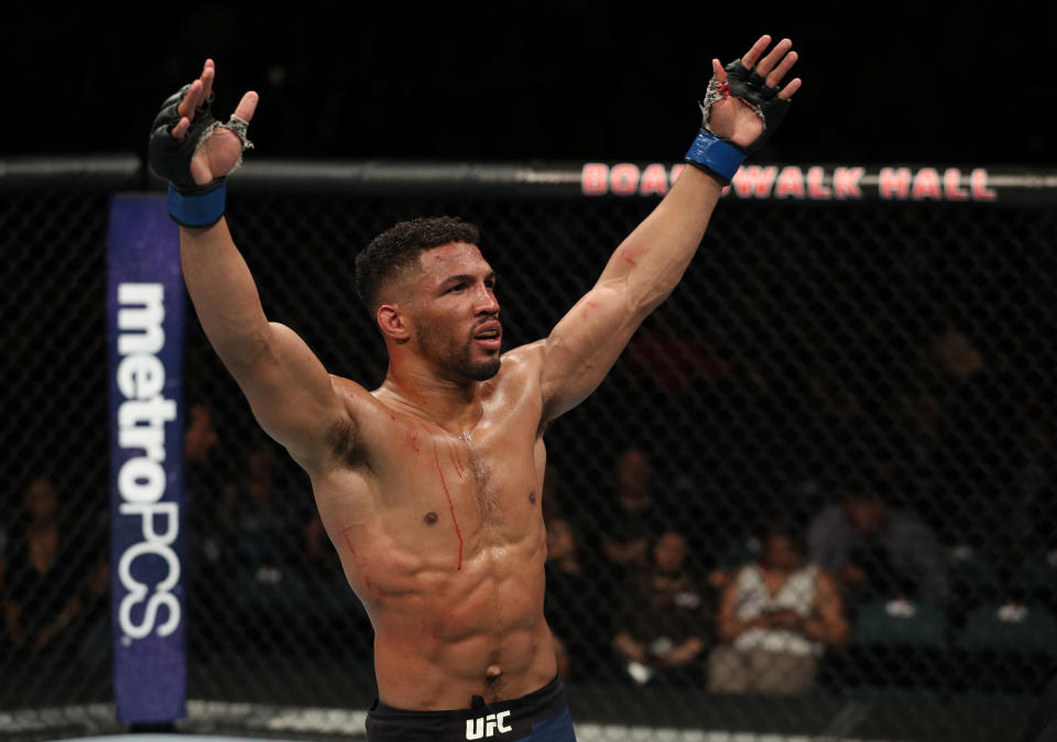 Kevin Lee celebrates after his TKO victory over Edson Barboza of Brazil in their lightweight fight during the UFC Fight Night event at the Boardwalk Hall in 2018. (Getty Images)