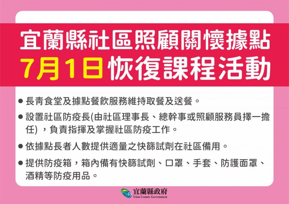 宜蘭縣內社區關懷據點將從七月一日起恢復各項課程。（宜縣府提供）