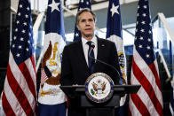 Newly confirmed Secretary of State Antony Blinken addresses a welcome ceremony at the State Department, Wednesday, Jan. 27, 2021 in Washington. (Carlos Barria/Pool via AP)