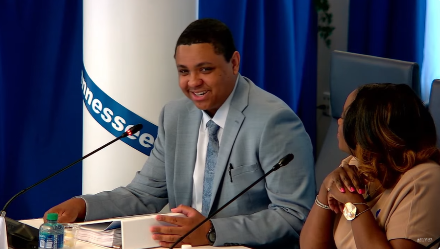 Tennessee State University student Tyler Vazquez speaks to the TSU board after he was appointed as its new student trustee on June 7, 2024, at Tennessee State University in Nashville, Tenn.