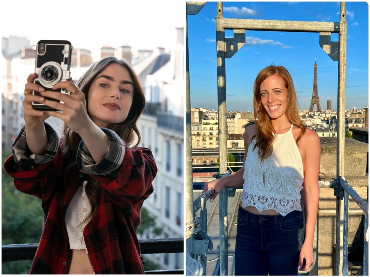 Lily Collins takes a selfie "Emily in Paris" (left) and real-life Paris expat Amy Kehrig poses with the Eiffel Tower (right).