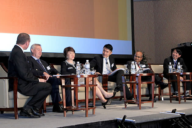 The five-man panel at the PricewaterhouseCoopers Budget 2012 discussion included tax partner David Sandison, IBM managing director Janet Ang, MP for Tampines GRC Baey Yam Keng, economist Amitendu Palit and COO of the Singapore Business Federation Victor Tay. (Photo courtesy of PwC LLP)