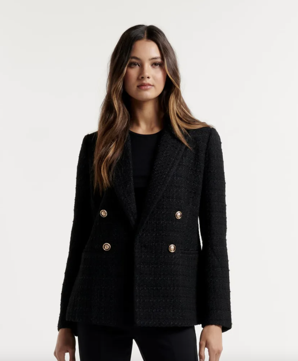 brunette model in black blazer Jane Bouclé Jacket (Photo via Ever New)