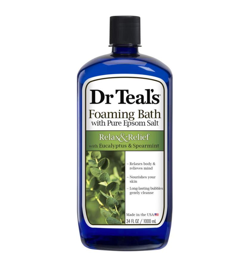 Relax in this bath soak that contains soothing eucalyptus and spearmint oils. <br /><br /><strong>Promising review:</strong> "I would say that this is my all-time favorite bubble bath, but the fact is, since I found it, I haven't tried any other. I am sure there are others just as good. The bubbles are plentiful and sumptuous and cleansing. They don't dry out my skin like others have (though I cannot go so far as to say they moisturize). <strong>The scent is pleasant and soothing.</strong> This potion assures me a luxurious, relaxing bath time that will aid my transition into a good night's sleep." &mdash; <a href="https://www.amazon.com/dp/B007THNPBS?tag=huffpost-bfsyndication-20&amp;amp;ascsubtag=5906615%2C24%2C35%2Cd%2C0%2C0%2C0%2C962%3A1%3B901%3A2%3B900%3A2%3B974%3A3%3B975%3A2%3B982%3A2%2C16596489%2C0" target="_blank" rel="nofollow noopener noreferrer" data-skimlinks-tracking="5906615" data-vars-affiliate="Amazon" data-vars-href="https://www.amazon.com/gp/customer-reviews/R2QABX3RUKEK3T?tag=bfkayla-20&amp;ascsubtag=5906615%2C24%2C35%2Cmobile_web%2C0%2C0%2C16595485" data-vars-keywords="cleaning" data-vars-link-id="16595485" data-vars-price="" data-vars-product-id="21066387" data-vars-product-img="" data-vars-product-title="" data-vars-retailers="Amazon">Oakley<br /><br /></a><strong>Get it from Amazon for <a href="https://www.amazon.com/dp/B007THNPBS?tag=huffpost-bfsyndication-20&amp;amp;ascsubtag=5906615%2C24%2C35%2Cd%2C0%2C0%2C0%2C962%3A1%3B901%3A2%3B900%3A2%3B974%3A3%3B975%3A2%3B982%3A2%2C16596489%2C0" target="_blank" rel="nofollow noopener noreferrer" data-skimlinks-tracking="5906615" data-vars-affiliate="Amazon" data-vars-asin="B007THNPBS" data-vars-href="https://www.amazon.com/dp/B007THNPBS?tag=bfkayla-20&amp;ascsubtag=5906615%2C24%2C35%2Cmobile_web%2C0%2C0%2C16596489" data-vars-keywords="cleaning" data-vars-link-id="16596489" data-vars-price="" data-vars-product-id="18108079" data-vars-product-img="https://m.media-amazon.com/images/I/41Gfhm+jaWL.jpg" data-vars-product-title="Dr Teal's Foaming Bath (Epsom Salt), Eucalyptus Spearmint, 34 Fluid Ounce" data-vars-retailers="Amazon">$4.878</a>.</strong>