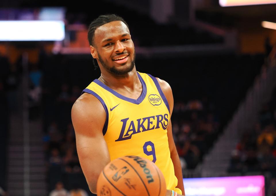 Los Angeles Lakers guard Bronny James Jr. after a play against the Sacramento Kings on July 6 in San Francisco.