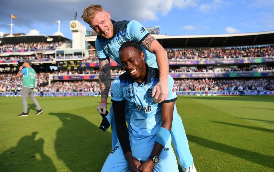 Ben Stokes of England and Jofra Archer of England celebrate after winning the Cricket World Cup  - GETTY IMAGES