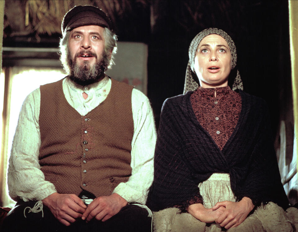 topol and norma crane sitting side by side as tevye and golde in fiddler on the roof