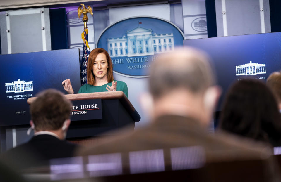 Jen Psaki, White House press secretary, speaks during a news conference in the James S. Brady Press Briefing Room at the White House in Washington, D.C., U.S., on Monday, Jan. 25, 2021. (Kevin Dietsch/UPI/Bloomberg via getty images)