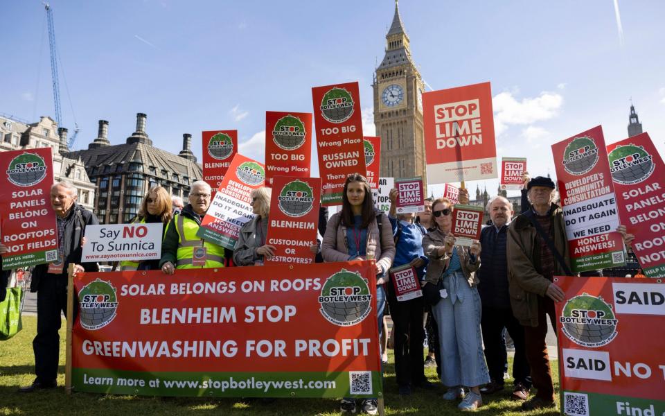 Campaigners outside Parliament on Thursday and called for more protections to stop large-scale solar farms being built in the countryside