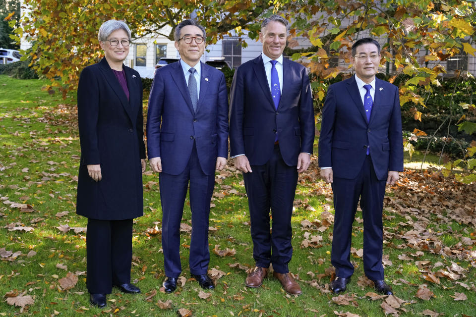 Australia's Foreign Minister Penny Wong, left, South Korea's Minister of Foreign Affairs, Cho Tae-yul, second left, Australia's Deputy Prime Minister and Defence Minister Richard Marles and South Korea's National Defense Minister Shin Won-sik, right, pose for a photo during an Australia and South Korea Foreign and Defence Ministers meeting in Melbourne, Australia, Wednesday, May 1, 2024. (Asanka Brendon Ratnayake/Pool Photo via AP)