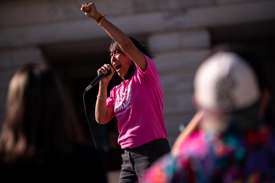 Francie Hunt, executive director of Tennessee Advocates for Planned Parenthood, speaks during a demonstration at State Capitol in Nashville, Tenn., Monday, April 19, 2021. The gathering was in opposition to a bill requiring women who receive a surgical abortion to bury fetal remains.