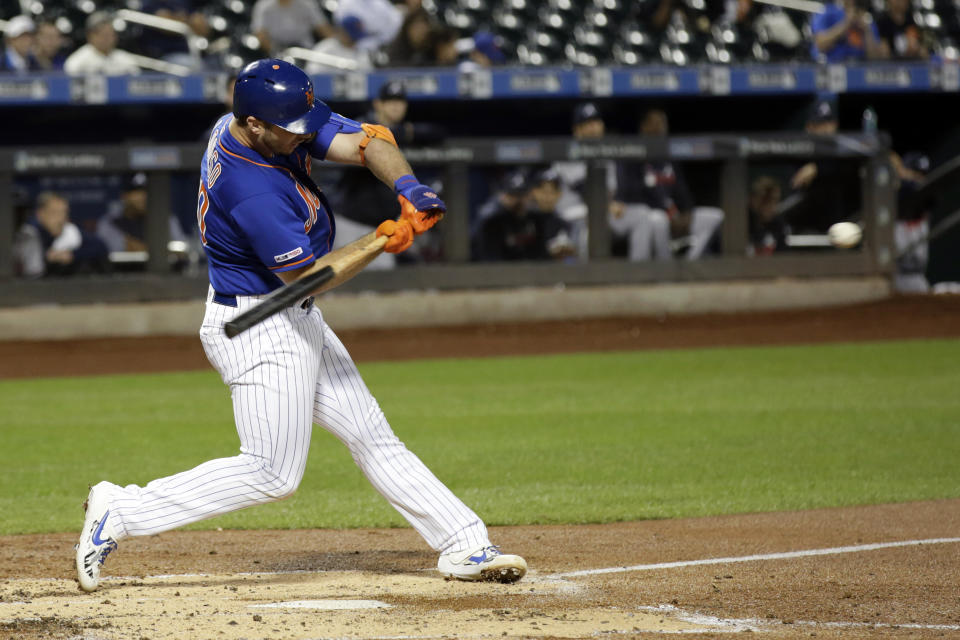 New York Mets' Pete Alonso hits his 52nd home run of the season during the first inning of a baseball game against the Atlanta Braves, Friday, Sept. 27, 2019, in New York. (AP Photo/Adam Hunger)