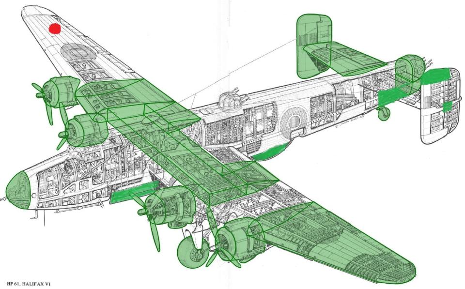 Kjarsgaard and his team have acquired the Halifax parts coloured green in this graphic.  White parts have not yet been found. The donated wing panel is marked by the red dot. 