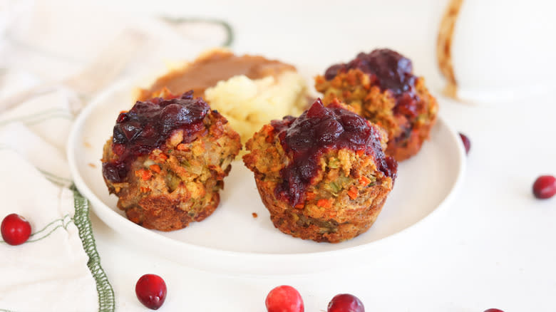 turkey meatloaf muffins on plate with mashed potato