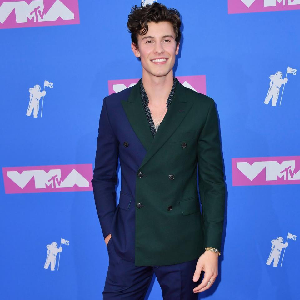 The Canadian singer Shawn Mendes wore a two-tone design by Paul Smith at the 2018 MTV VMA's in New York City.