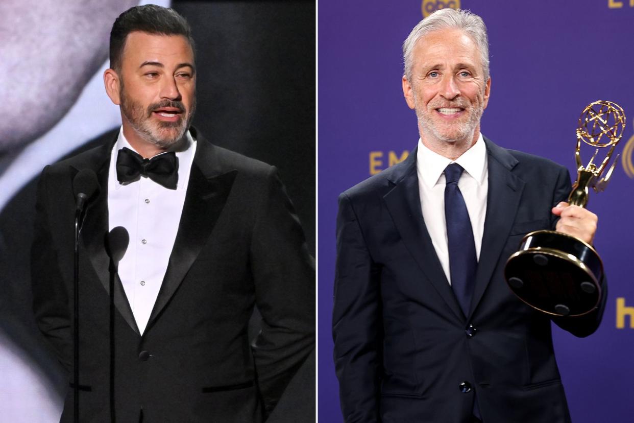 <p>Rob Latour/Shutterstock; Jason Almond / Los Angeles Times via Getty</p> Jimmy Kimmel and Jon Stewart on Sept. 15, 2024