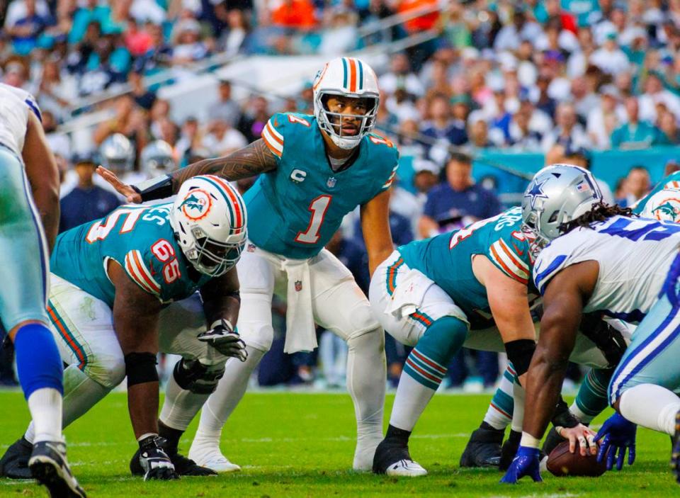 Miami Dolphins quarterback Tua Tagovailoa (1) calls play during NFL football game against Dallas Cowboys at Hard Rock Stadium on Sunday, Dec. 24, 2023 in Miami Gardens, FL.