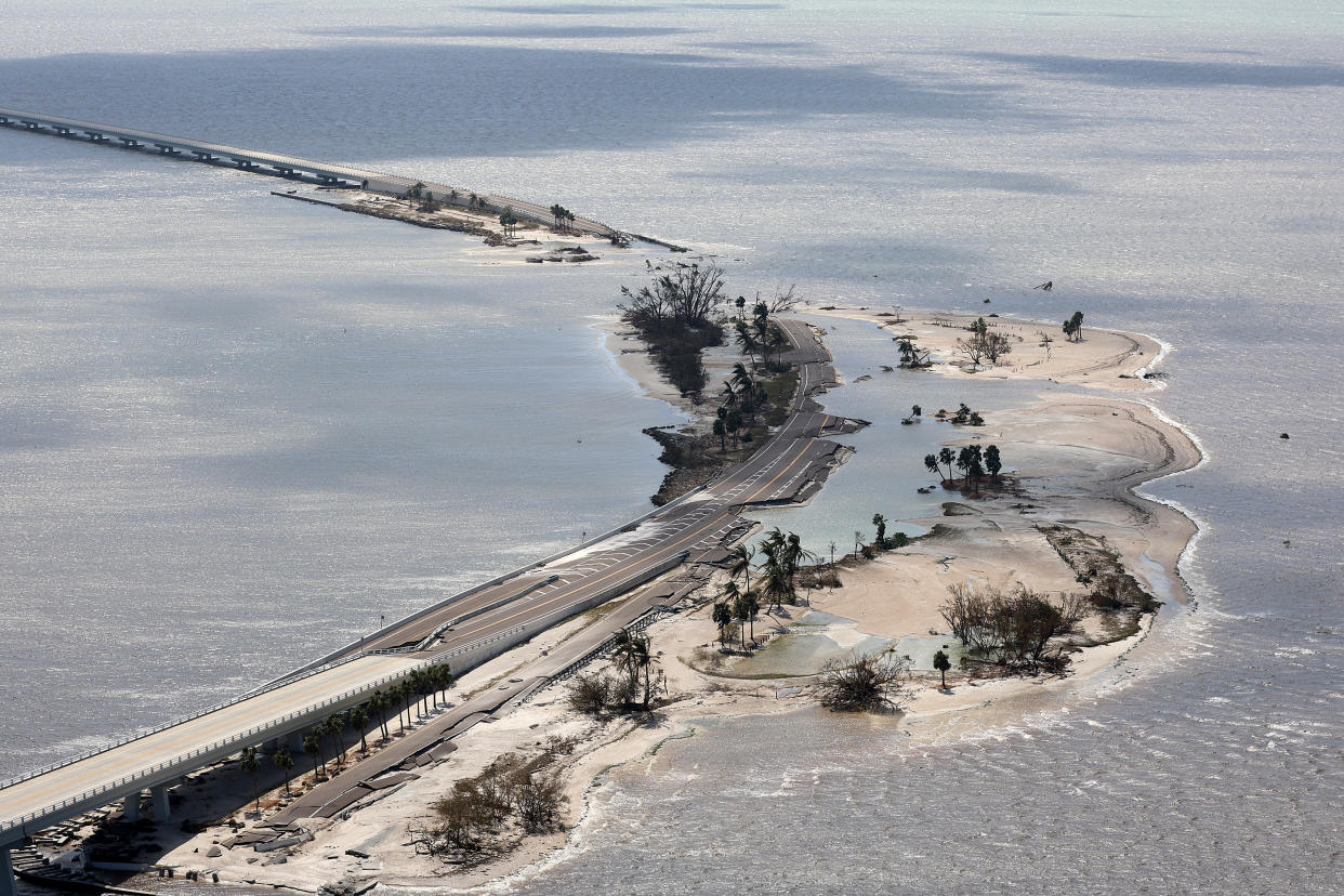 Parts of the Sanibel Causeway were washed away by Hurricane Ian