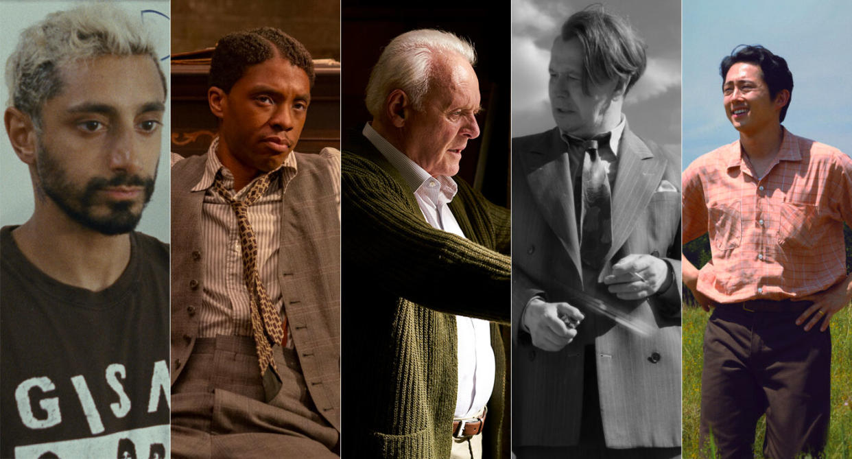 Riz Ahmed, Chadwick Boseman, Anthony Hopkins, Gary Oldman and Steven Yeun are up for Best Actor at the 2021 Academy Awards (Amazon/Netflix/Lionsgate/Altitude)