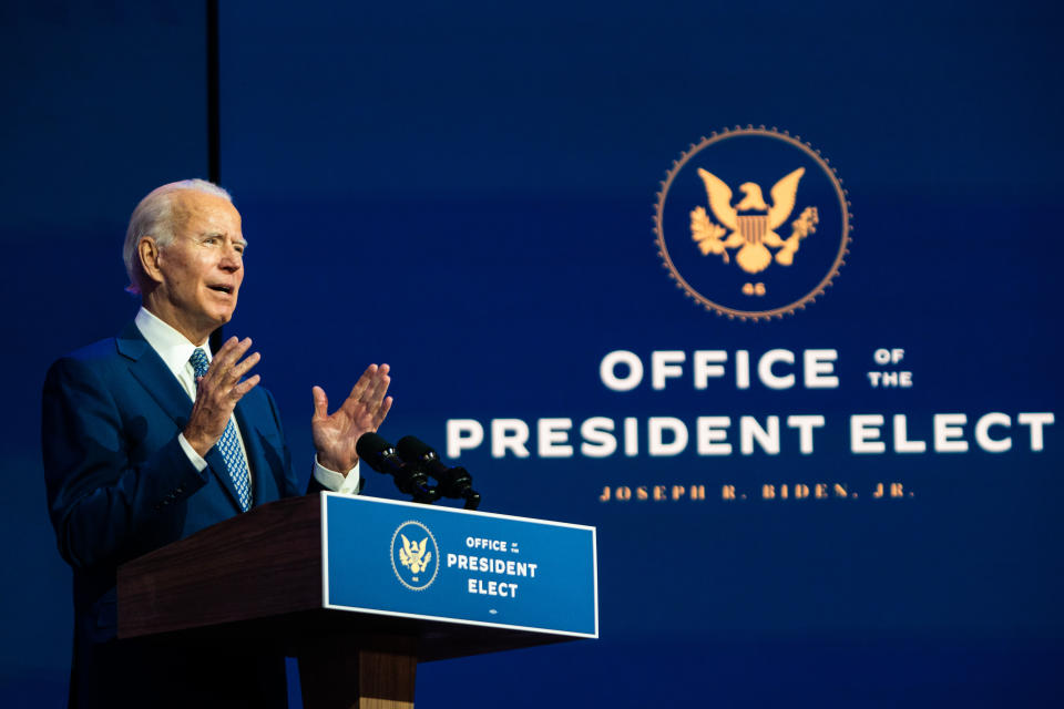 WILMINGTON, DE  November 9, 2020:  President- elect Joe Biden delivers a speech at the Queen in Wilmington, DE on November 9, 2020.  (Photo by Demetrius Freeman/The Washington Post via Getty Images)