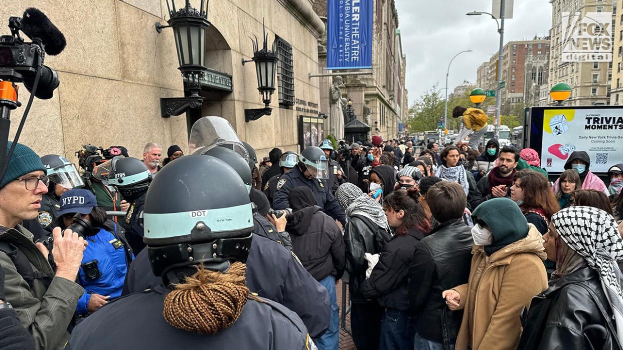 NYPD officers patrol as pro-Palestine students demonstrate outside of Columbia University’s campus