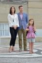 <p>Princess Isabella of Denmark departs Amalienborg Palace escorted by her parents Prince Frederik of Denmark and Princess Mary of Denmark for her first day at Tranegard school on August 13, 2013.</p>