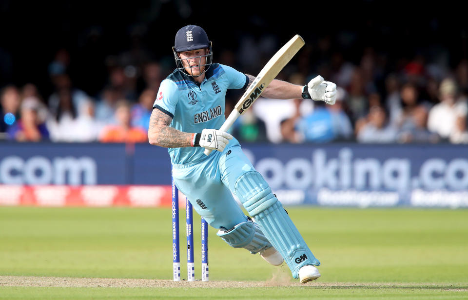 England's Ben Stokes slips whilst making a run during the ICC World Cup Final at Lord's, London.